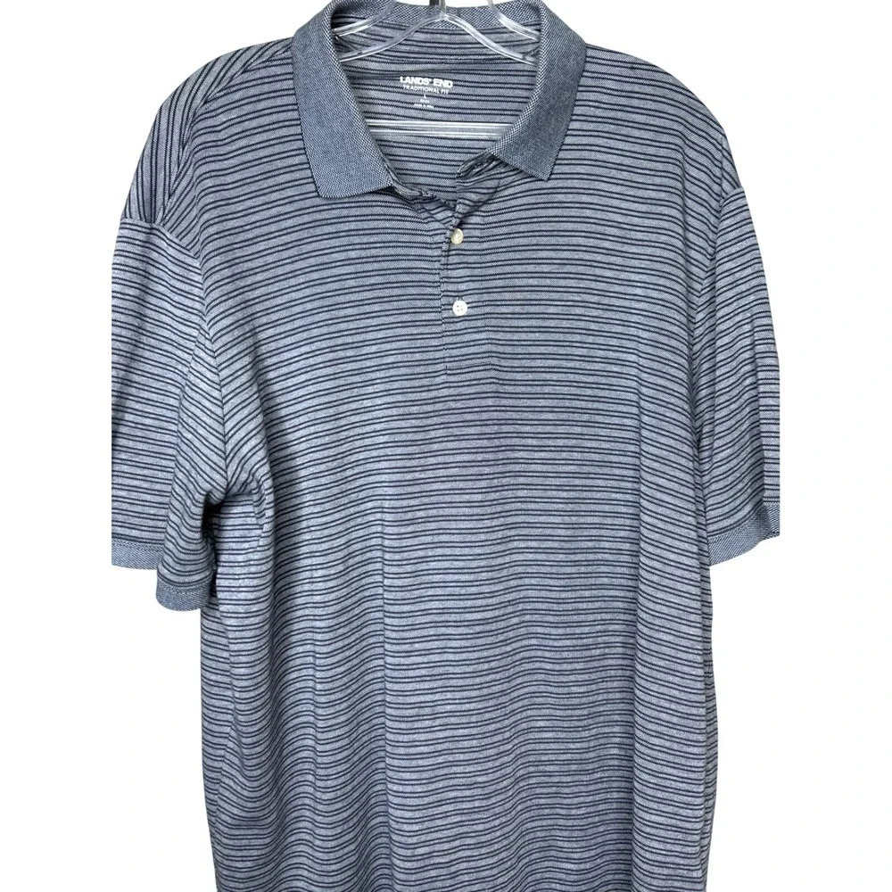 Lands End Mens L Traditional Fit Blue Stripe Short Sleeve Polo Shirt Golf Casual